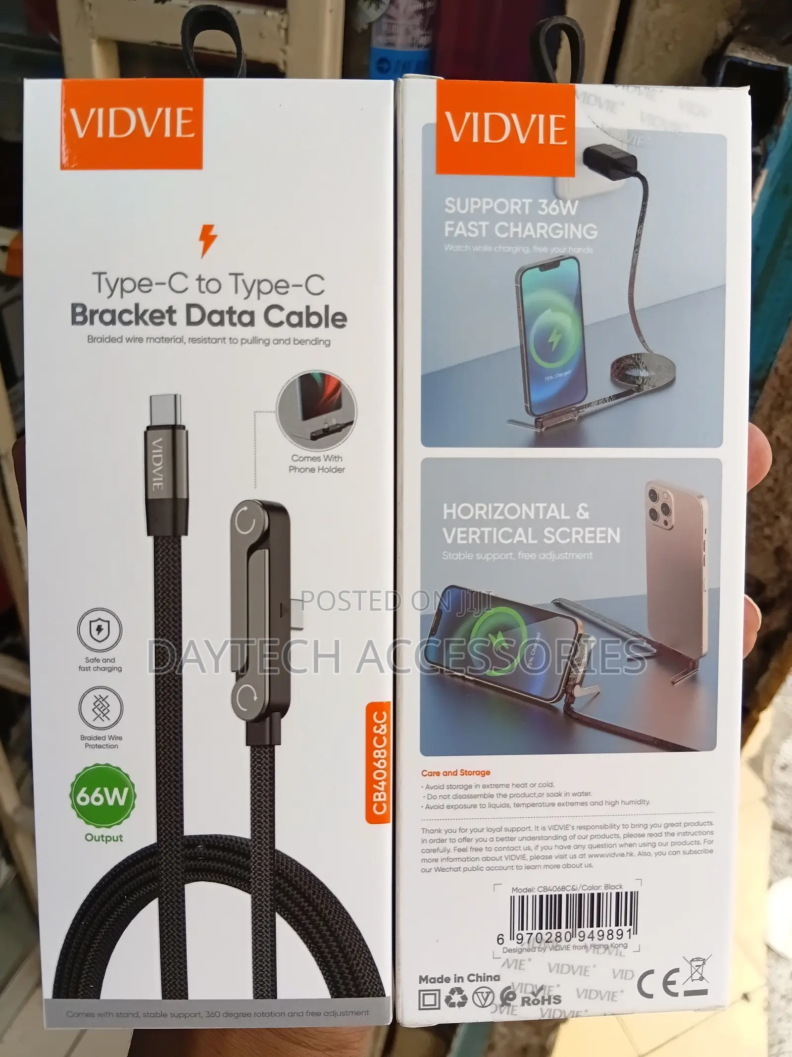 VIDVIE 66W Type-C to Type-C Charging With Built-in Phone Stand - 1.5M