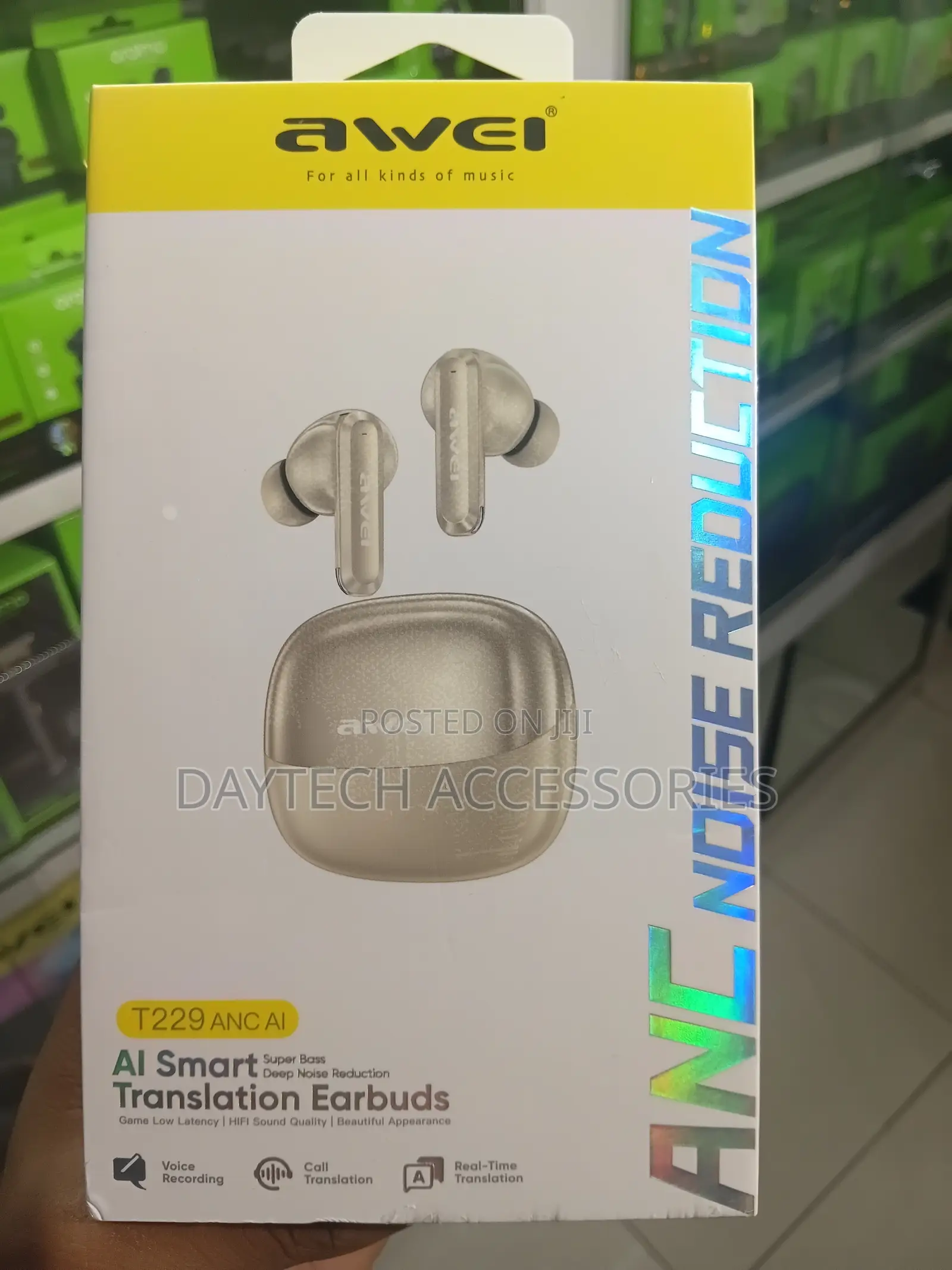 These Are Awei T229 ANC AI True Wireless Earbuds in a Beige Color.