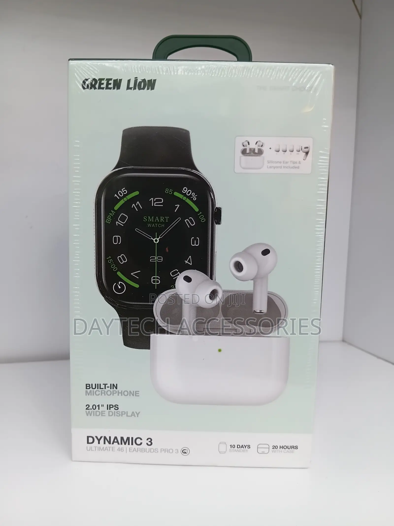 This Is a Green Lion Dynamic 3 Set Smartwatch and Wireless Earbuds.
