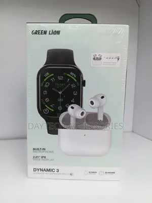 This Is a Green Lion Dynamic 3 Set Smartwatch and Wireless Earbuds.
