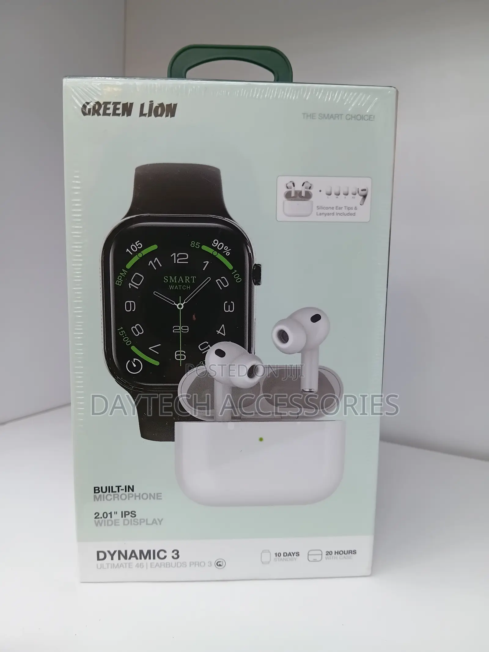 This Is a Green Lion Dynamic 3 Set Smartwatch and Wireless Earbuds.