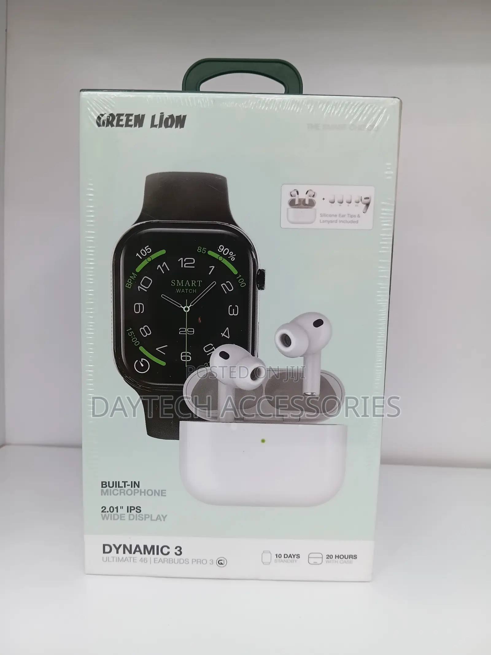 This Is a Green Lion Dynamic 3 Set Smartwatch and Wireless Earbuds.