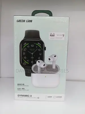 This Is a Green Lion Dynamic 3 Set Smartwatch and Wireless Earbuds.