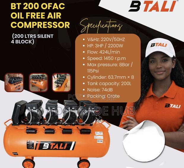 Btali Bt200 Ofac 200l Silent Oil Free Air Compressor 4hp Motor - thumbnail 2