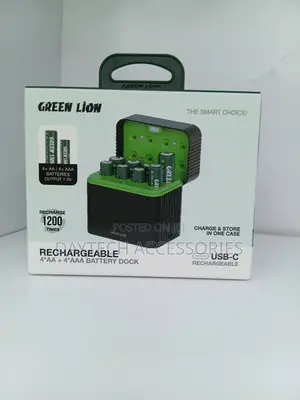Green Lion Battery Charger and Stores 4 AA and 4 AAA Batteries.