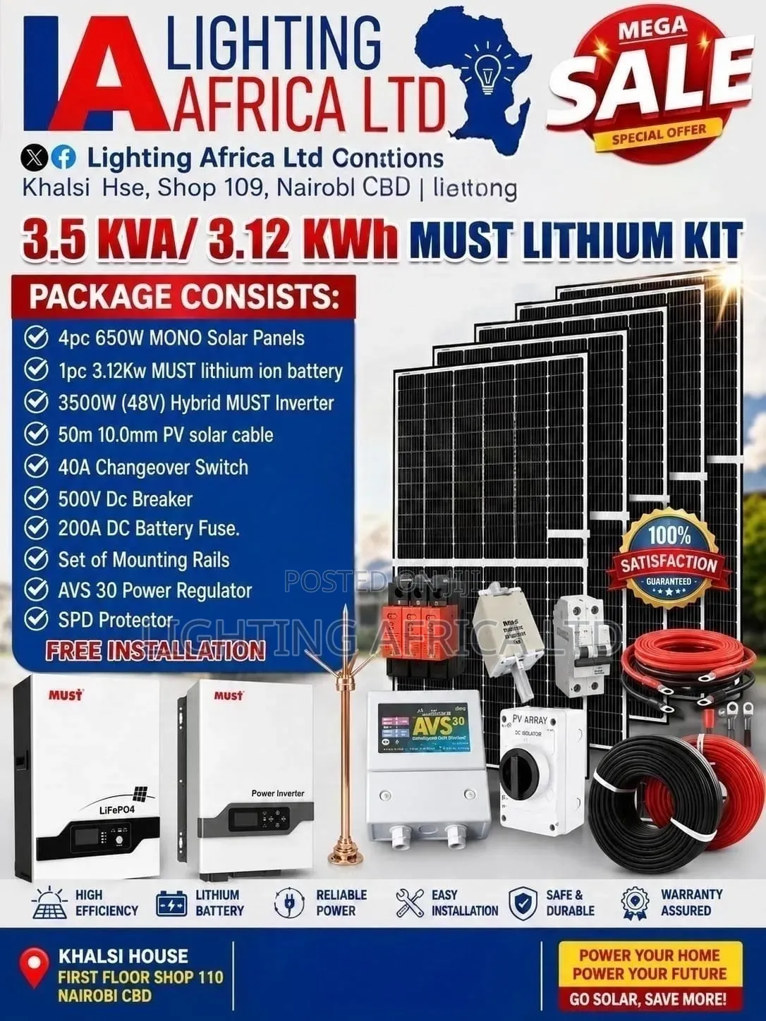 House 3KW - 3kwh Off-Grid - (4)650w Solar - Installation Transport