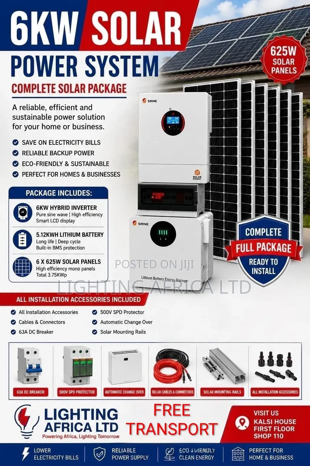 SRNE 6kva - 5kwh Solar Offgrid - (6)625w Solar - Free Installation