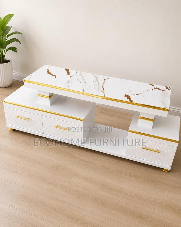 Modern LED TV Stand – White Gold Marble Finish (5FT) - thumbnail 2