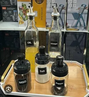 Glass 5pc Kitchen Set 2x600ml Oil Bottle N 3x200ml Seasoning Jars