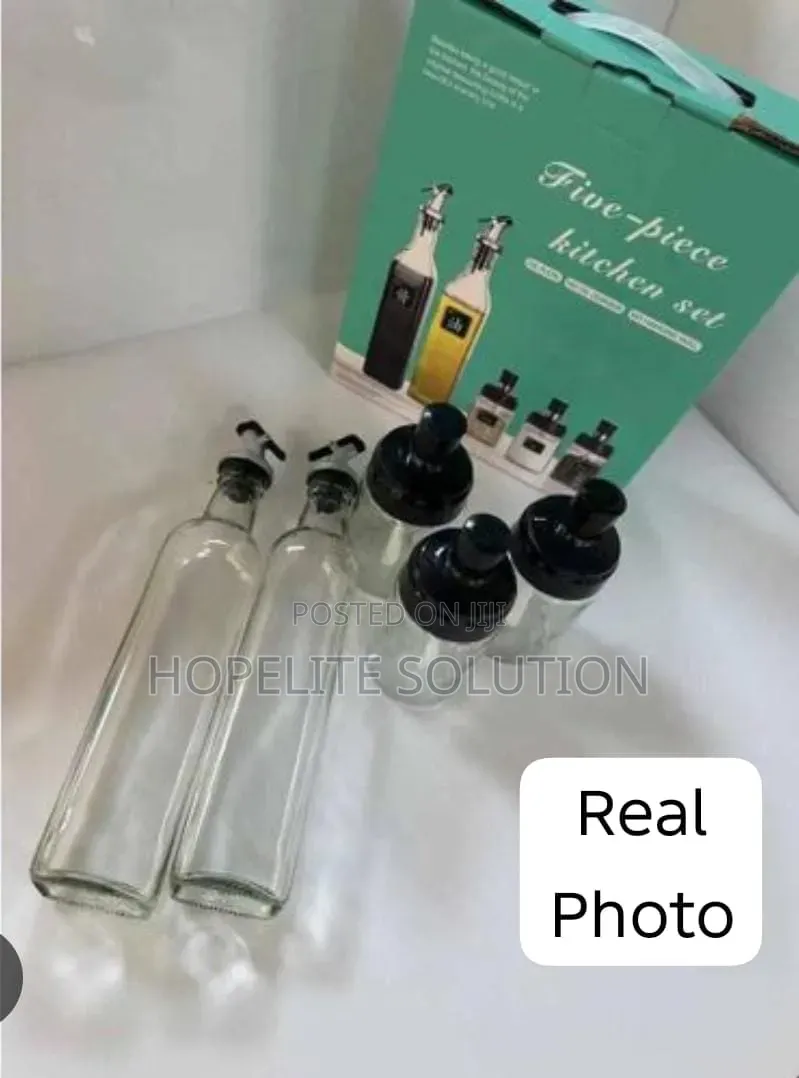 Glass 5pc Kitchen Set 2x600ml Oil Bottle N 3x200ml Seasoning Jars