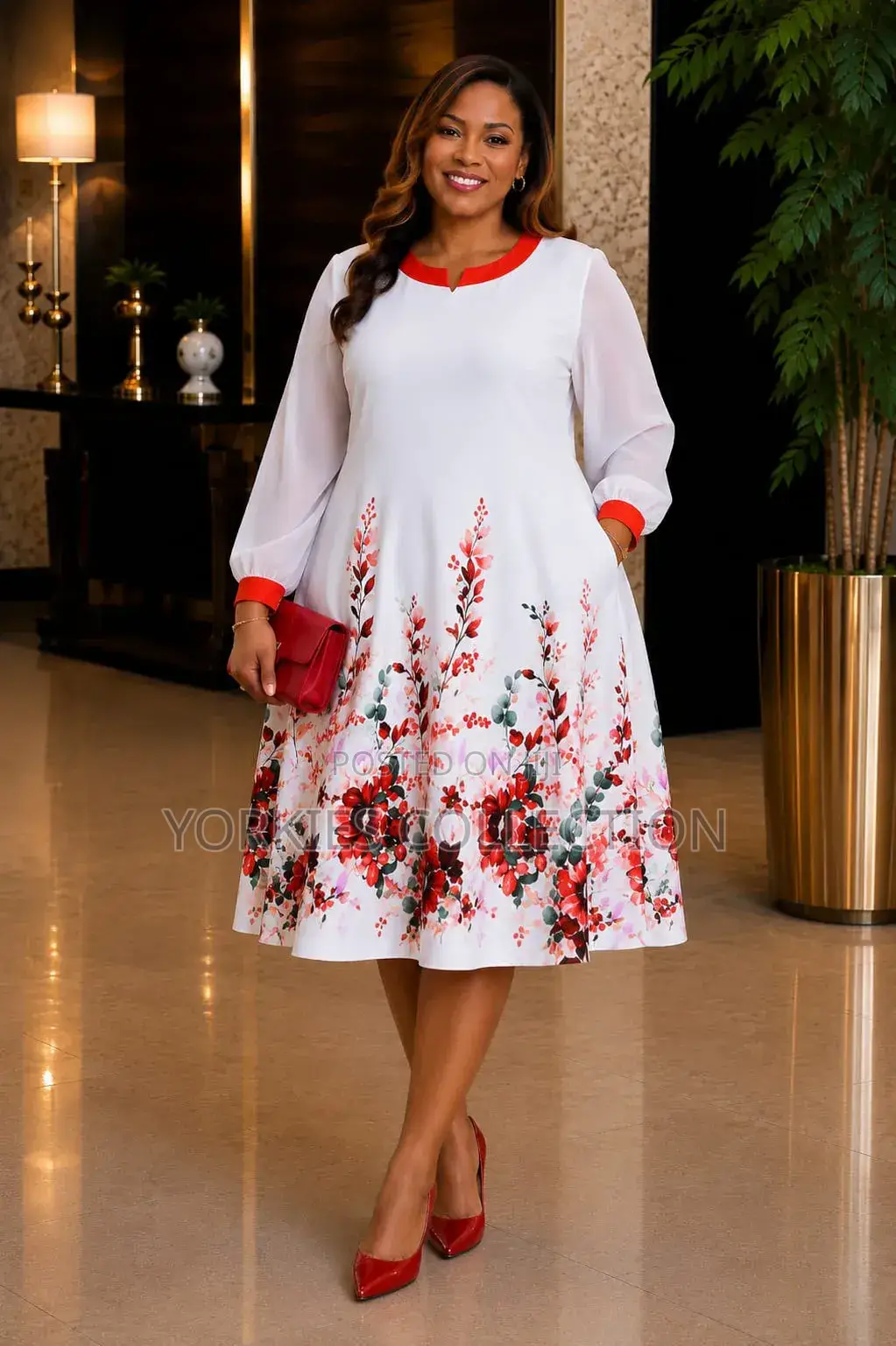 Floral a-Line Midi Dress Flared Skirt.