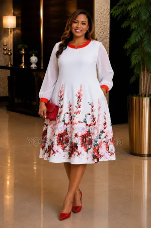 Floral a-Line Midi Dress Flared Skirt.