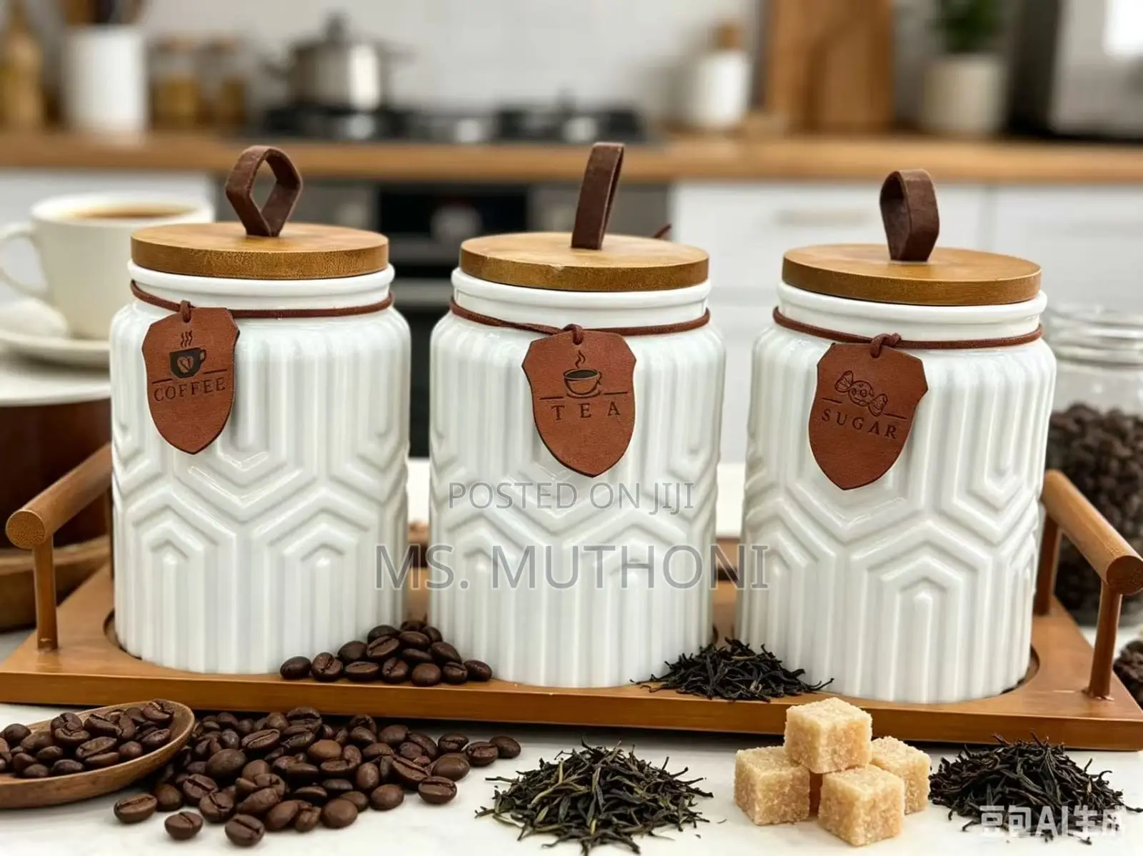 3pc Aesthetic Ceramic Canister Set With Wooden Tray*