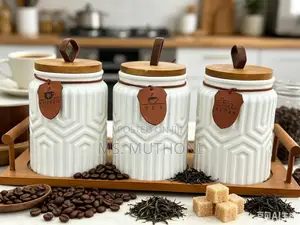 3pc Aesthetic Ceramic Canister Set With Wooden Tray*
