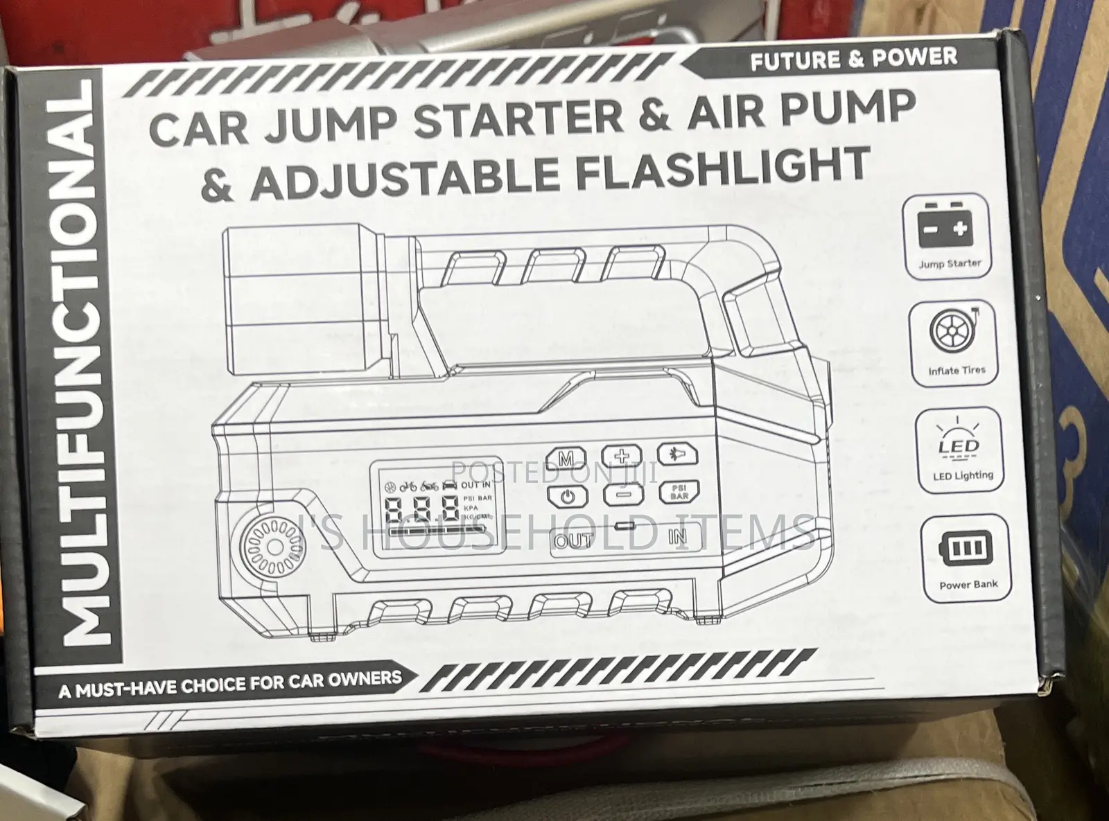 Digital Jump Starter With Digital Compressor Adjustable Flashlight