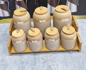 8-Piece Ceramic Canister Set With Bamboo Lids and Tray