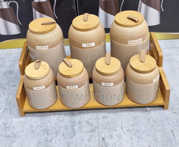 8-Piece Ceramic Canister Set With Bamboo Lids and Tray