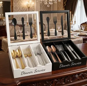 Cutlery Storage Organizer Box With Glass Lid for Spoons, Knives, Forks