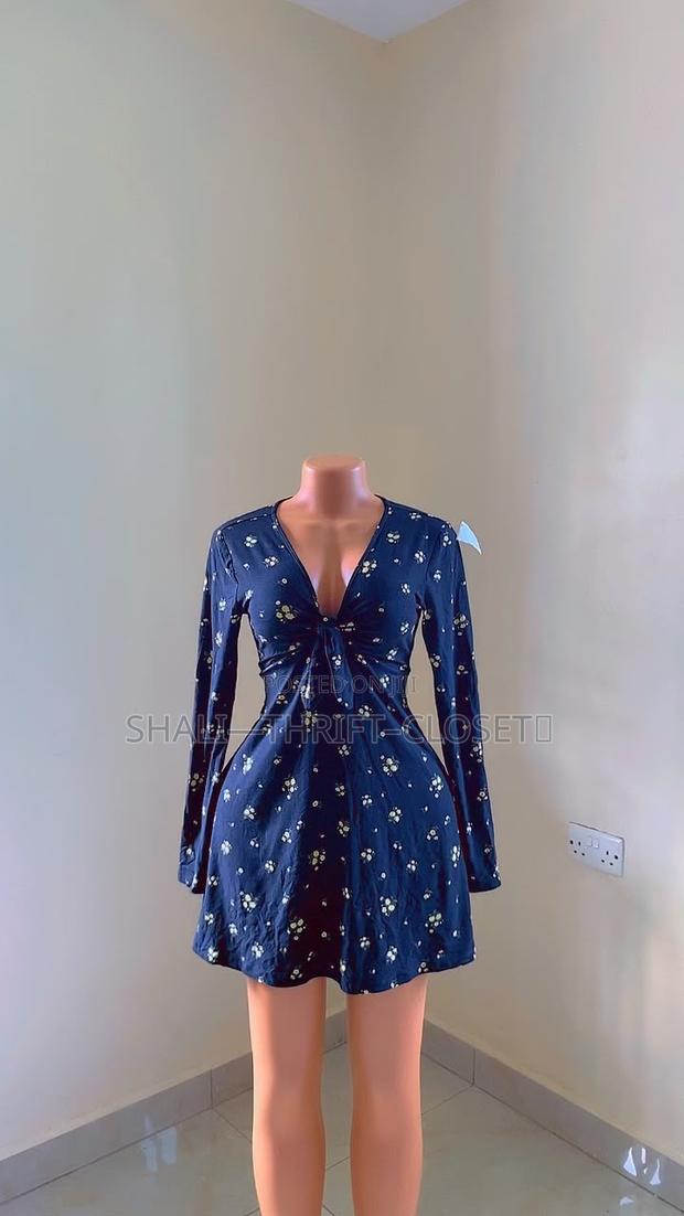 Navy Blue Polka Dot Long-Sleeve Midi Dress