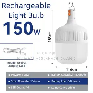150W Rechargeable LED Light Bulb – Cool White, Portable for Home