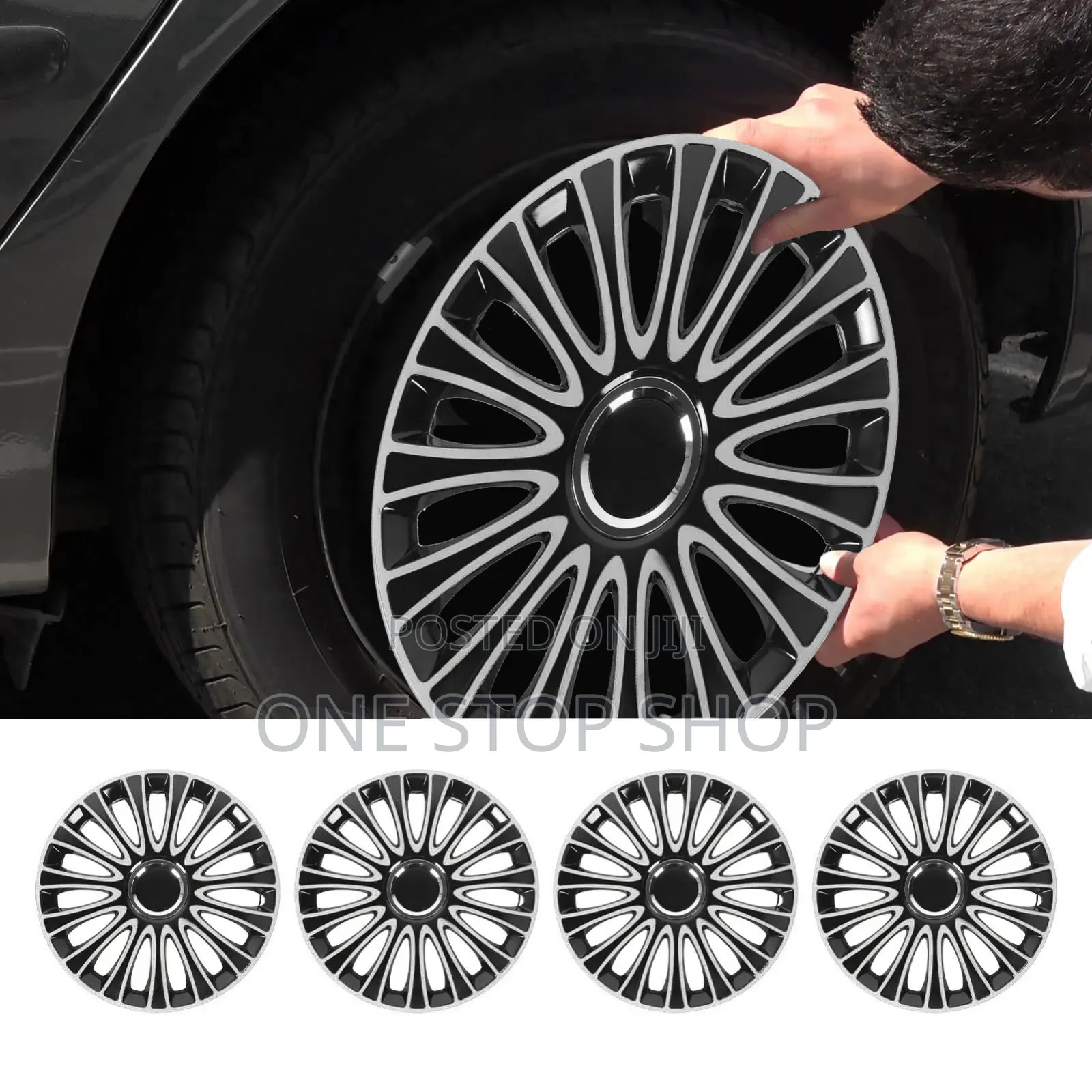 14/15" Silver Black Universal Snap on Application Steel Wheel Caps