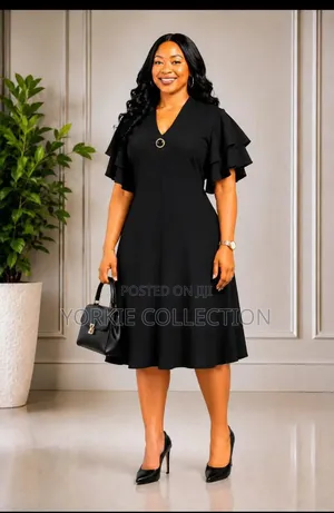V Neck-Ruffle-Sleeve a-Line Dress.