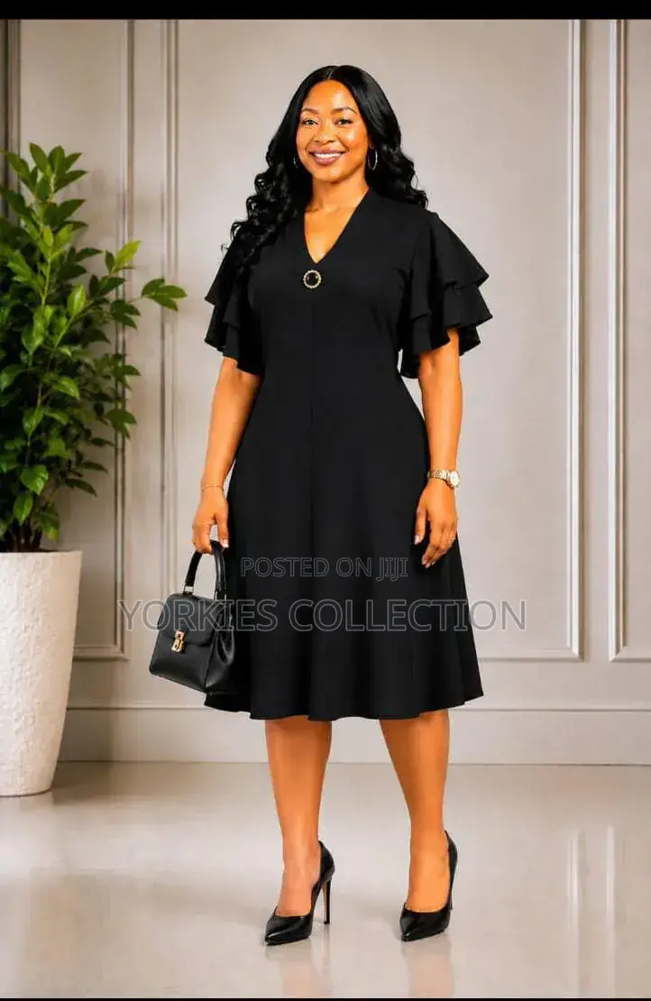 V Neck-Ruffle-Sleeve a-Line Dress.