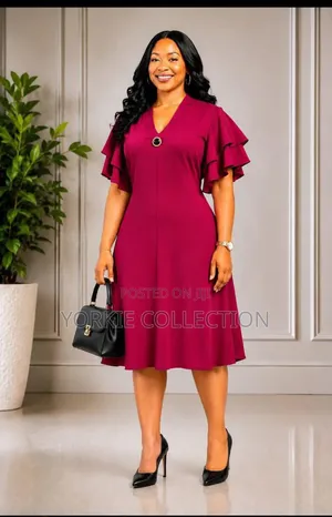 V Neck-Ruffle-Sleeve a-Line Dress.