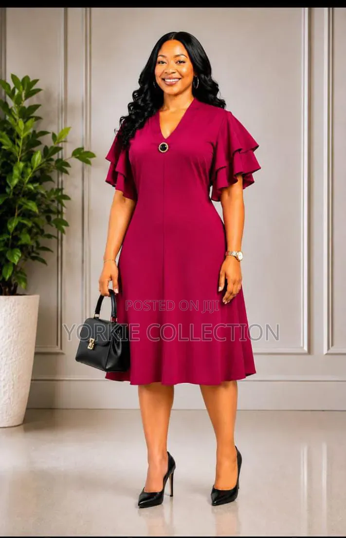 V Neck-Ruffle-Sleeve a-Line Dress.