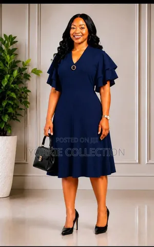 V Neck-Ruffle-Sleeve a-Line Dress.