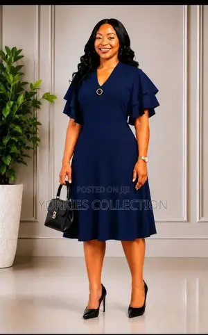 V Neck-Ruffle-Sleeve a-Line Dress.