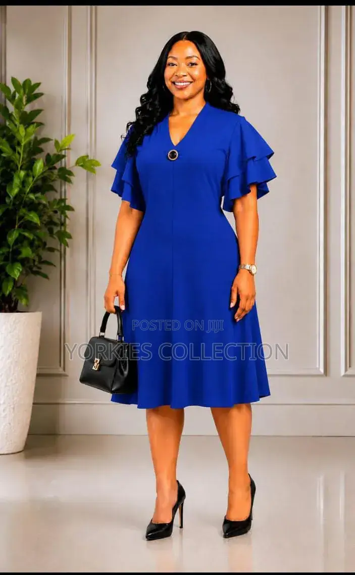 V Neck-Ruffle-Sleeve a-Line Dress.