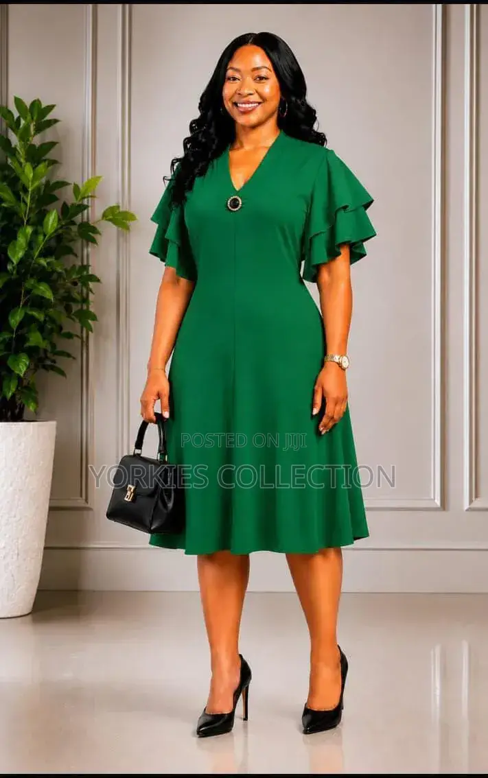 V Neck-Ruffle-Sleeve a-Line Dress.