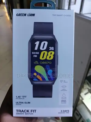This Green Lion Track Fit Smart Watch a Sleek Black Design.
