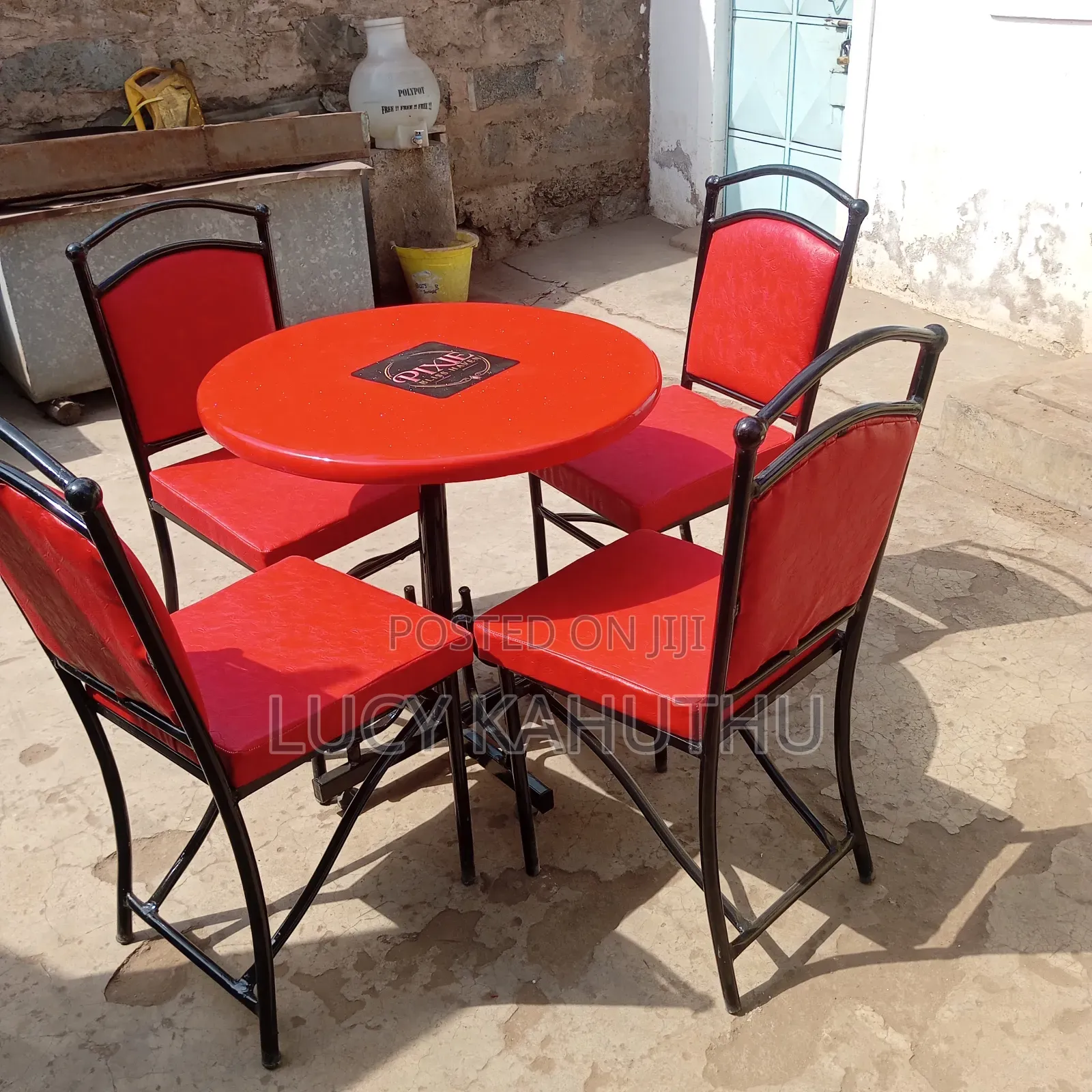 Red Set of Knob Chairs and Round Table