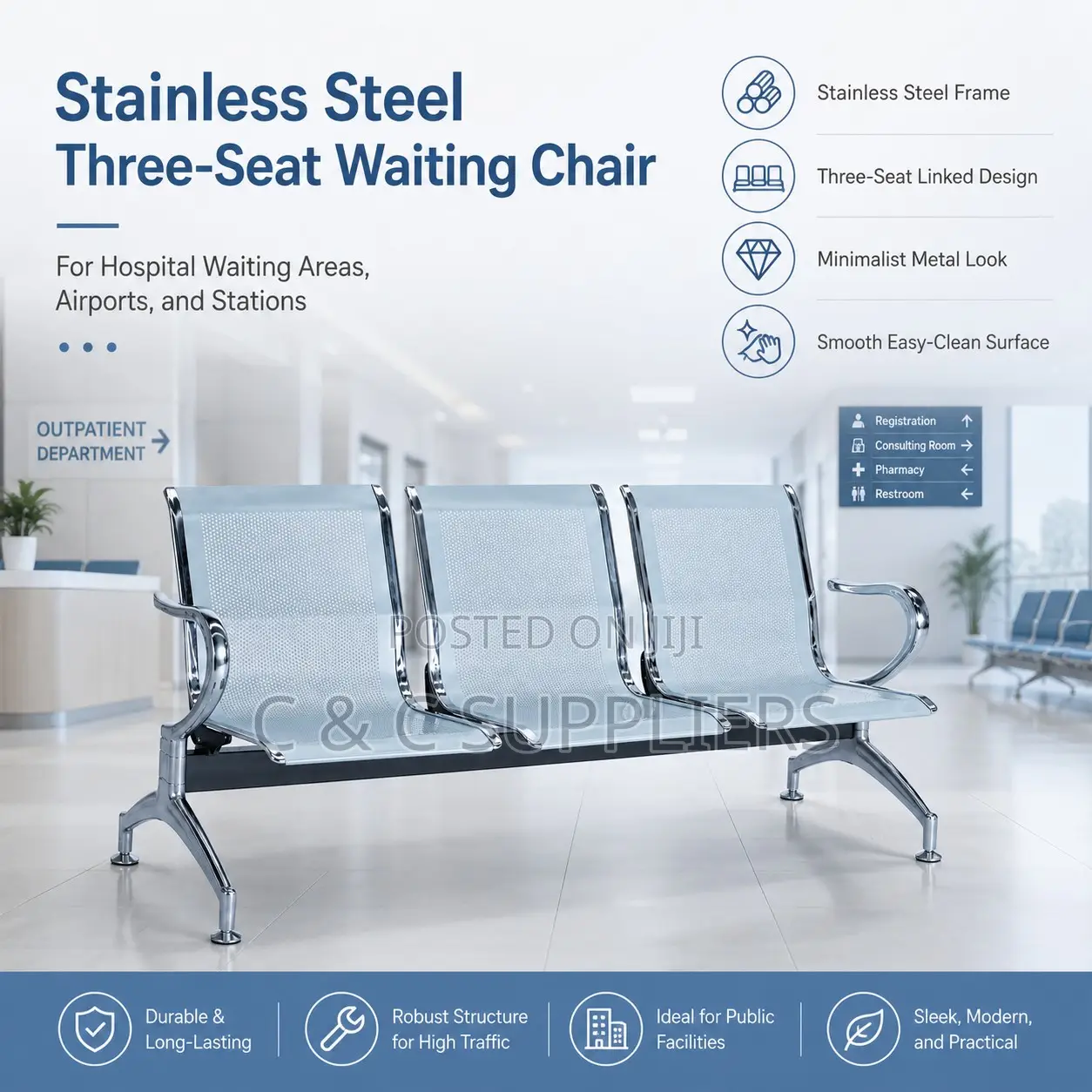 3-Seater Metallic Airport Bench