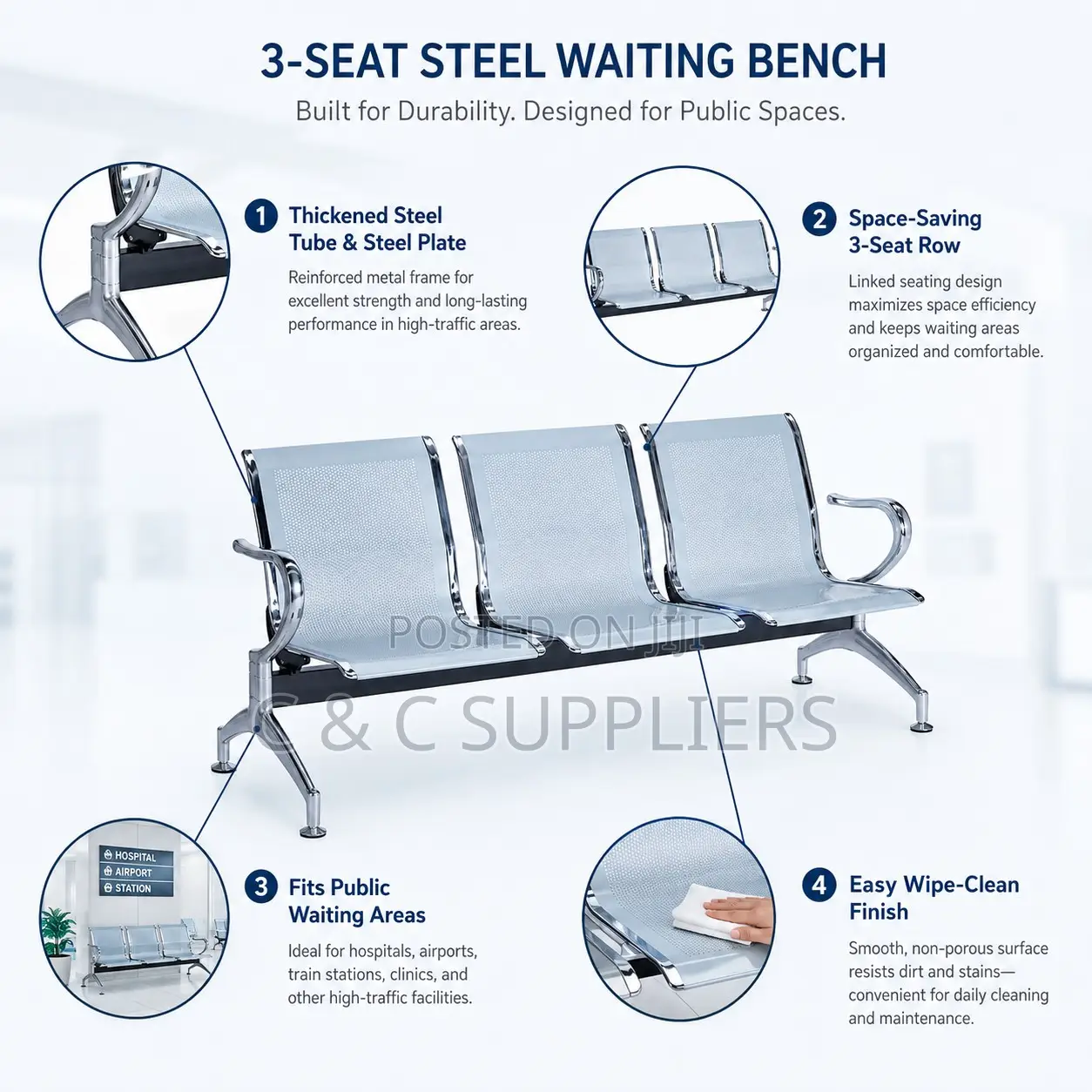 3-Seater Metallic Airport Bench