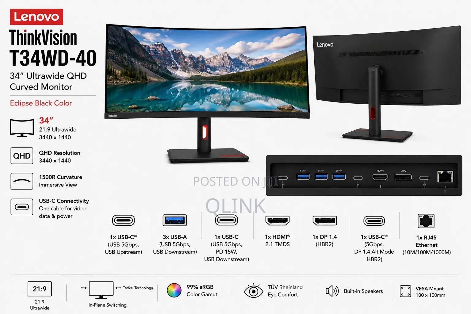 Lenovo ThinkVision T34wd-40 34"Ultrawide QHD Curved Monitor