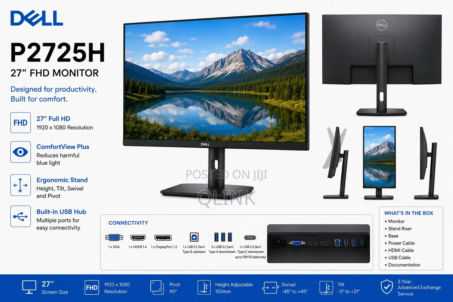 Dell P2725H 27"" FHD Monitor, Height/Tilt/Swivel