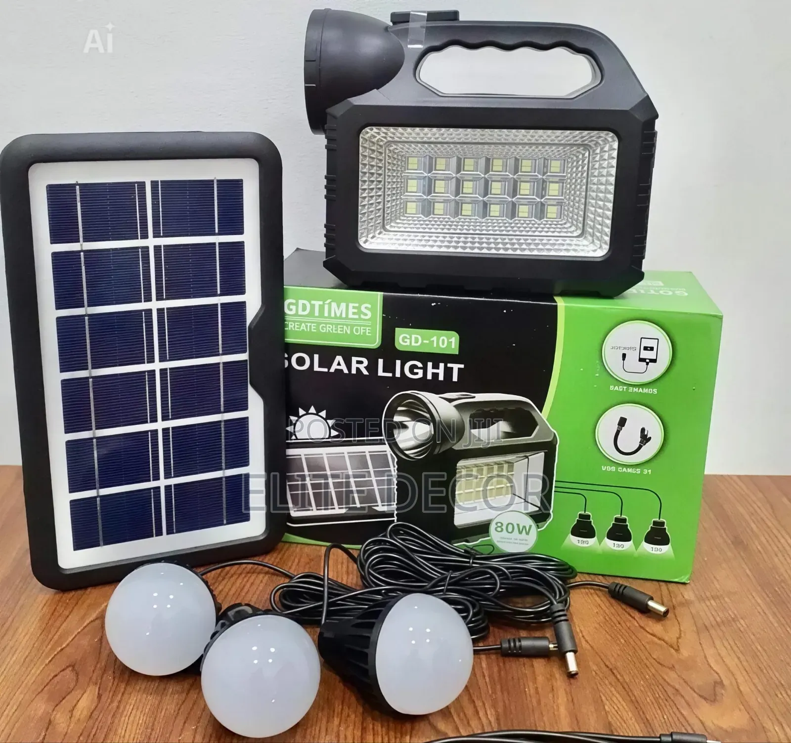 GDTIMES GD-101 80W Solar Lighting System Kit With 3 Bulbs USB