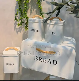 4pc Cream Metal Bread Box Canister Set | Wood Accents