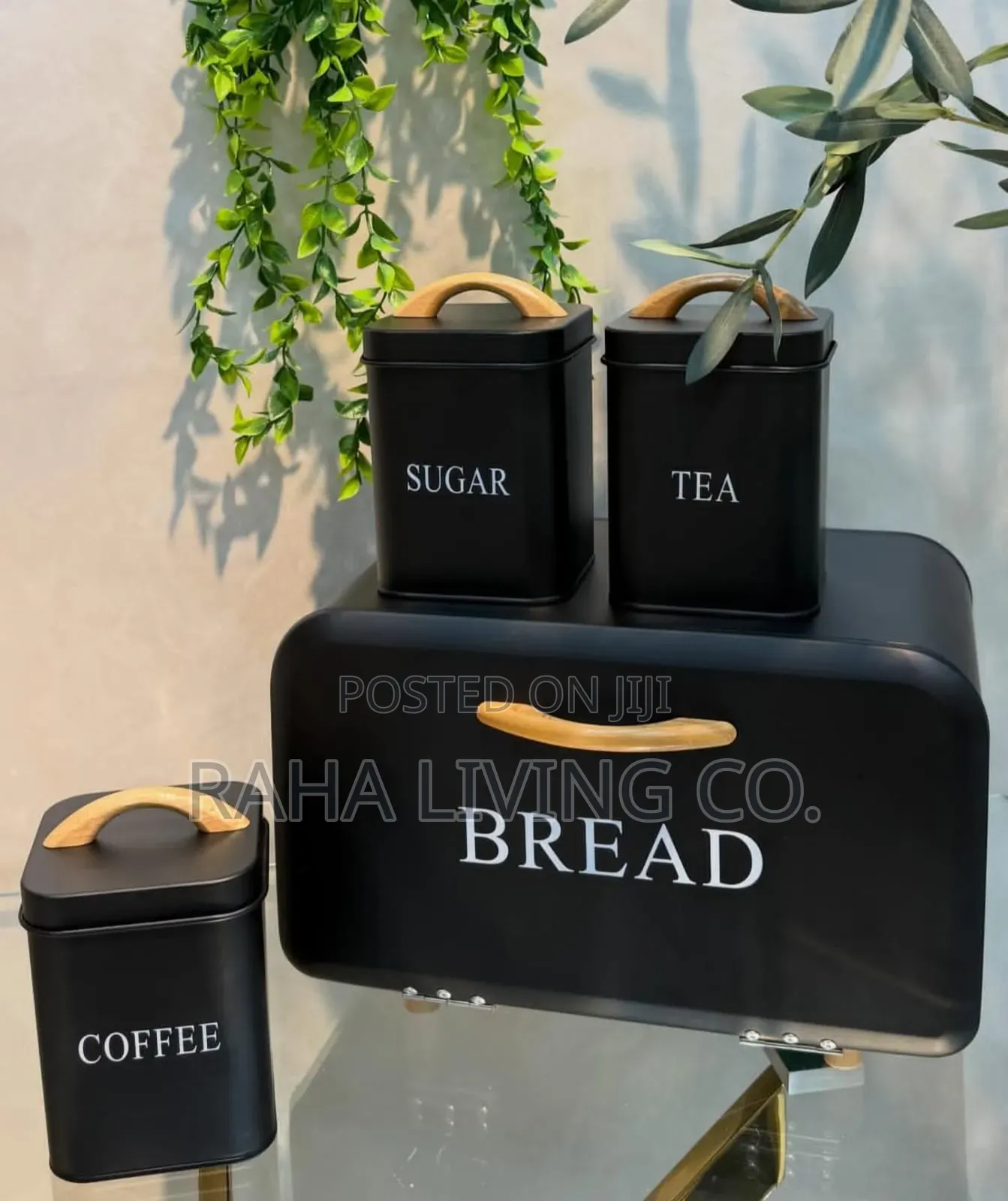 4pc Cream Metal Bread Box Canister Set | Wood Accents