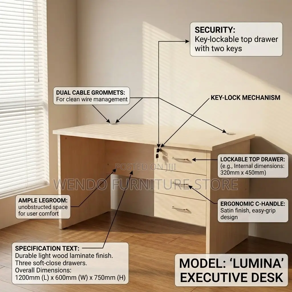 Office Desk; 1400MM Executive Home Office Drawered Desk