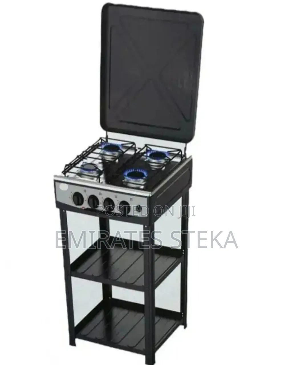 OLELON 4 Burner Full Standing Cooker With Shelves-Black Stainless Top