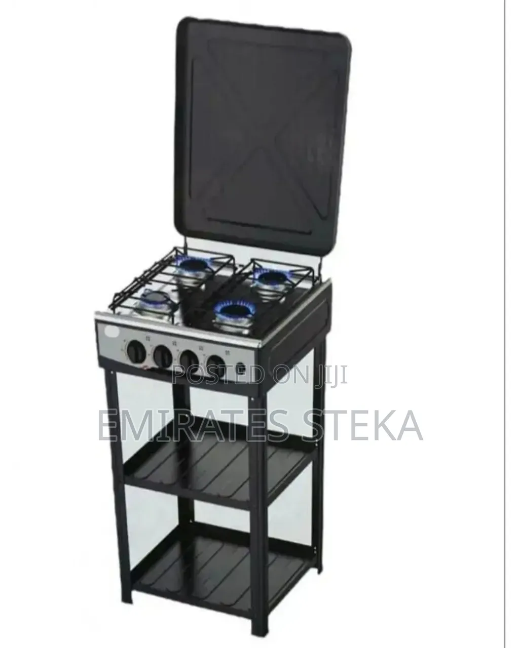 OLELON 4 Burner Full Standing Cooker With Shelves-Black Stainless Top