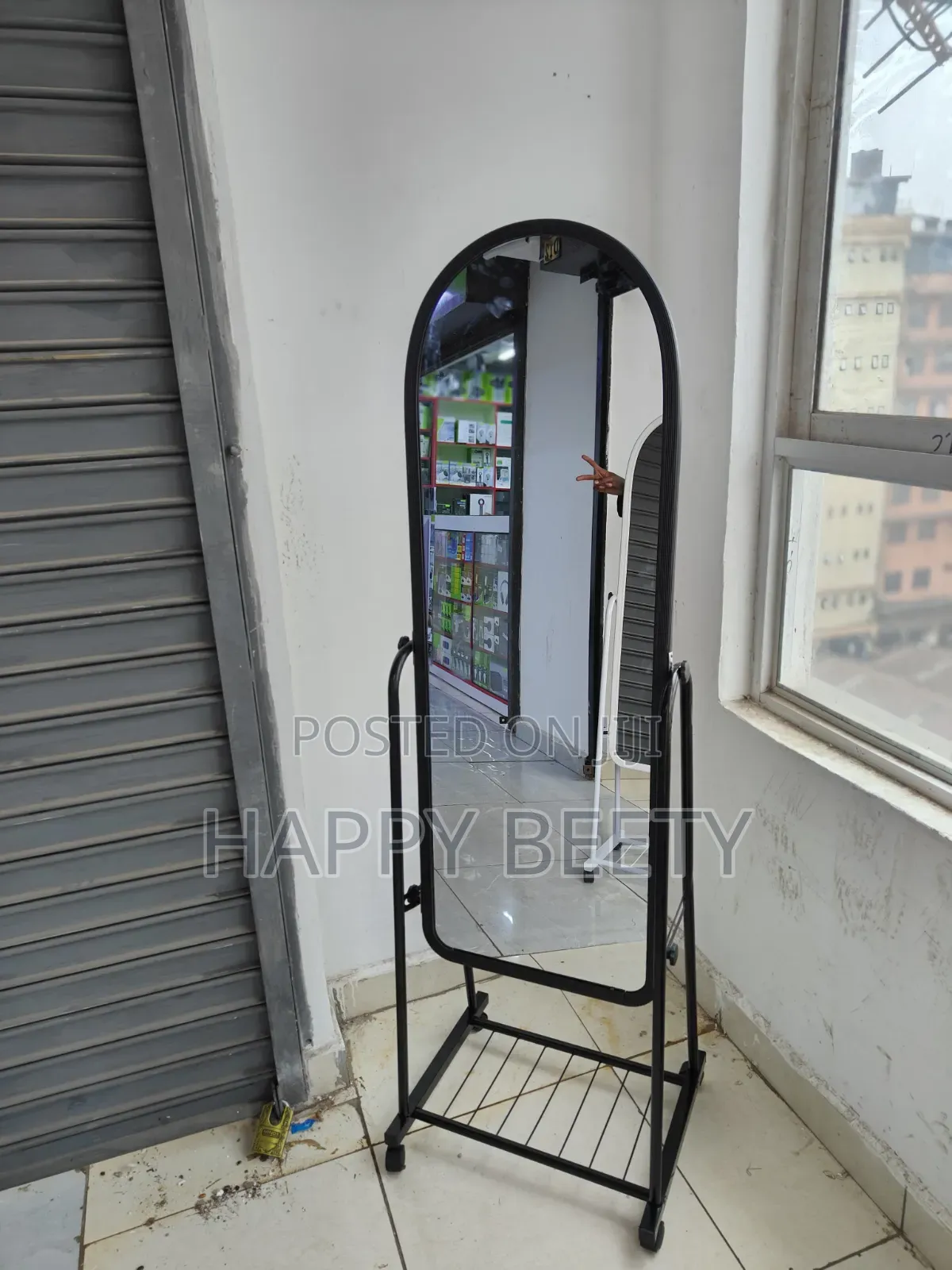 *Black Full Length Dressing Mirror With Wheels and Shoes Rack*