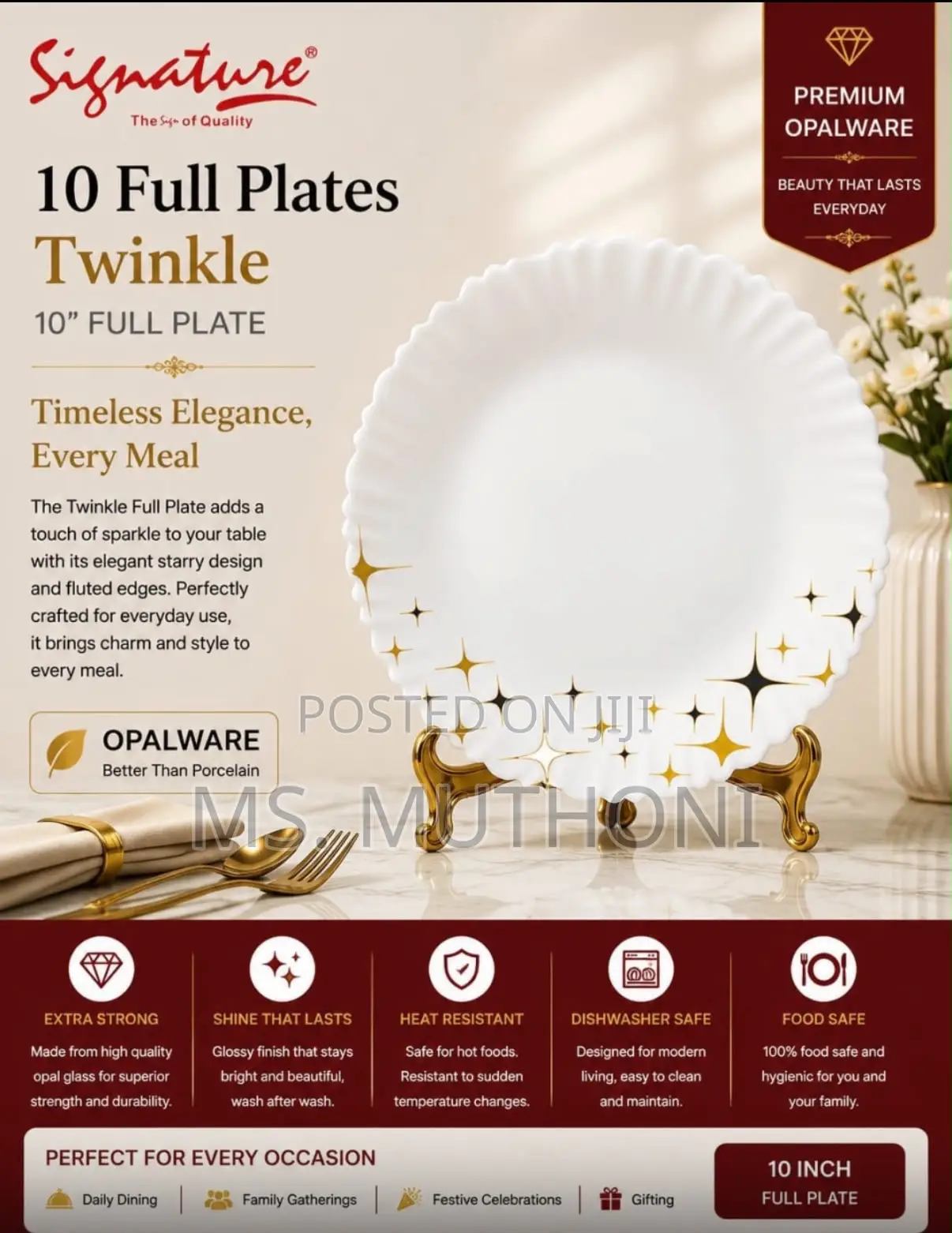6 PCs *Signature 10-Inch Fluted Opalware Full Plates (25 Cm )