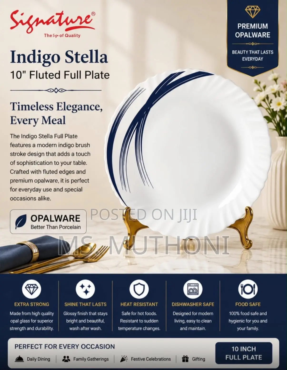 6 PCs *Signature 10-Inch Fluted Opalware Full Plates (25 Cm )