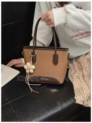Two-Tone PU Leather Tote Handbag With Flower Charm – Brown Coffee