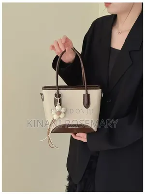 Two-Tone PU Leather Tote Handbag With Flower Charm – Brown Coffee